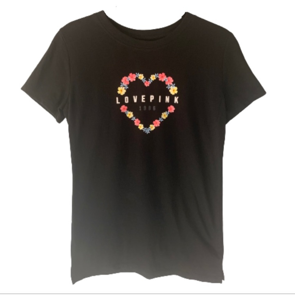 VS PINK Black Floral Hibiscus Love Heart Short Sleeve Tee - Size XS